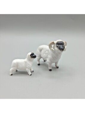 Porcelain Sheep Figurines Black-Face Ram and Lamb Miniature Set of 2
